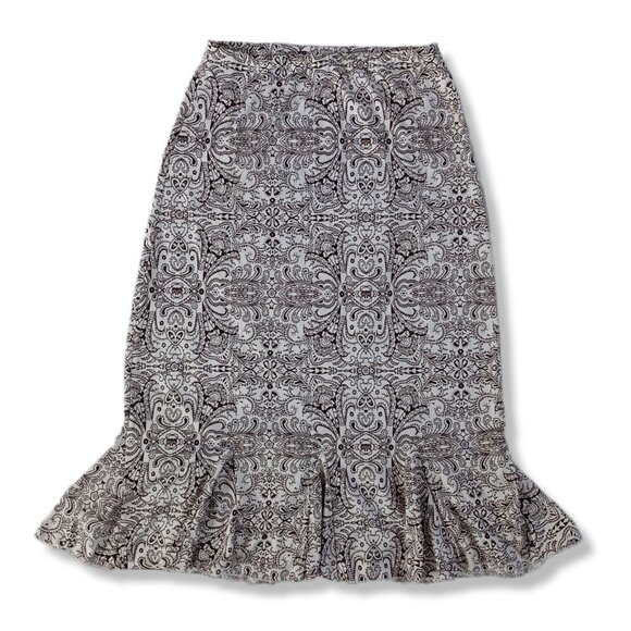 Midi Skirt Brown White Tight Retro Floral Print Ruffle Pencil Modest Size S - Picture 1 of 6